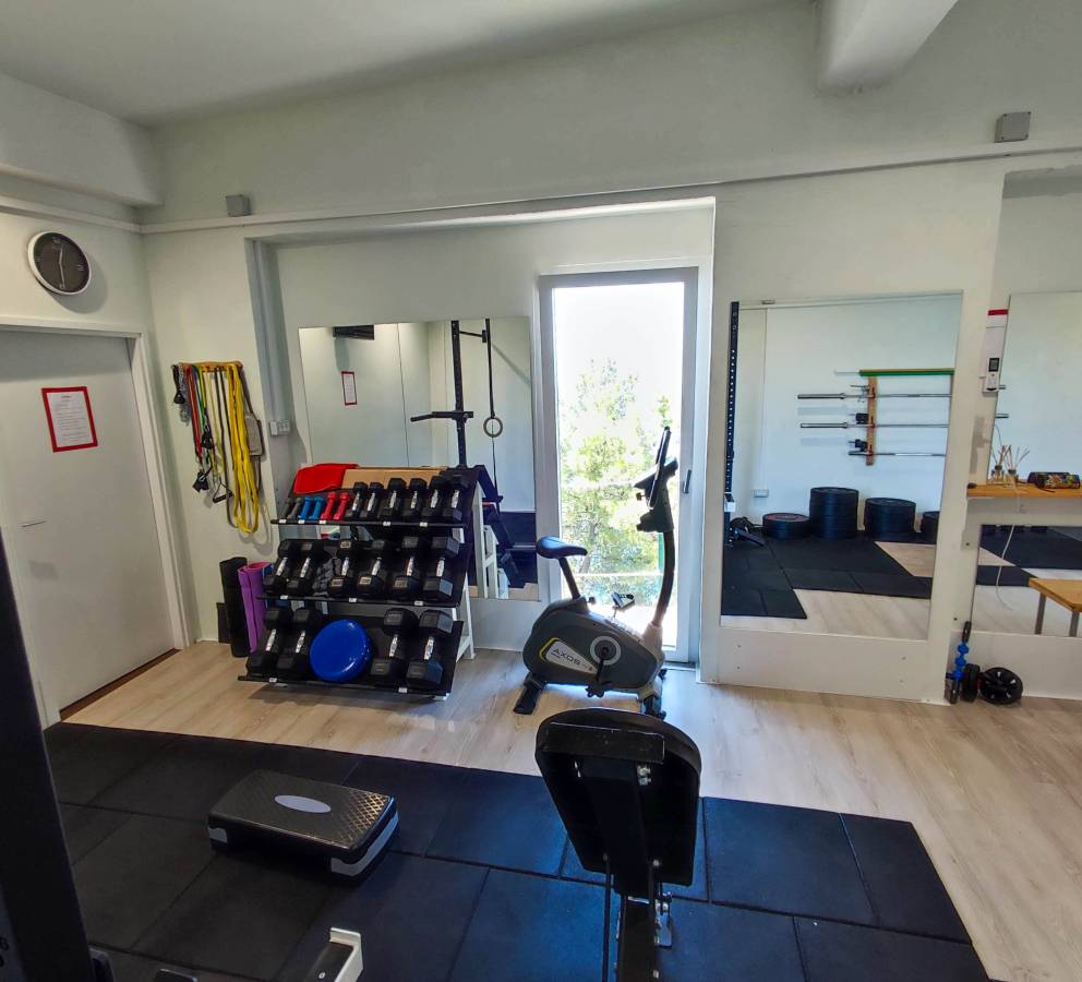 Gym bench and dumbells